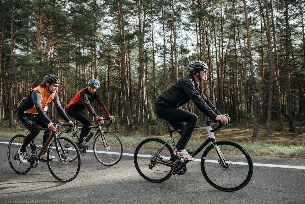 Three cyclists enjoying a ride through a scenic forest on a sunny day.